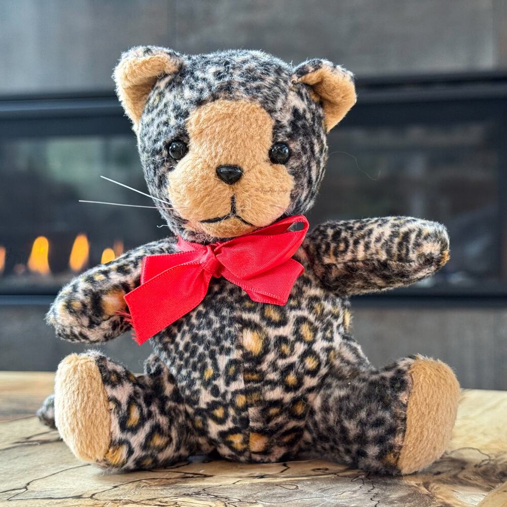 Vintage Spotted Leopard Print Cheetah Cat Teddy Bear Plush w/ Red Bow